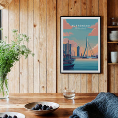 Framed Rotterdam cityscape art print hanging in cozy wood kitchen decor setting