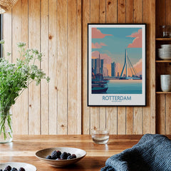 Rotterdam travel poster wall art in modern rustic kitchen with wood walls and table