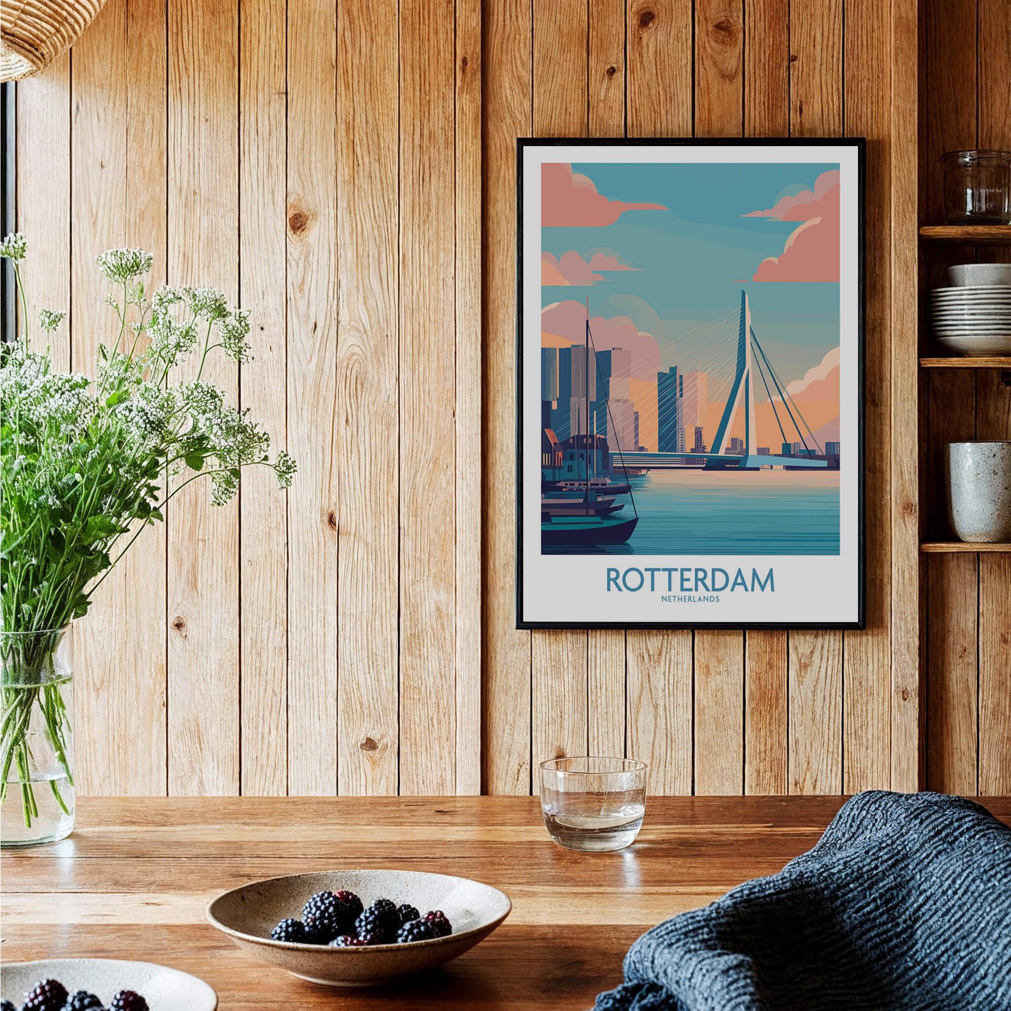 Rotterdam travel poster wall art in modern rustic kitchen with wood walls and table