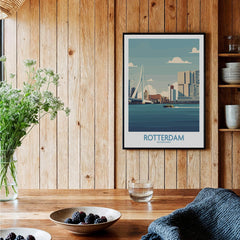Rotterdam travel poster wall art with city skyline in modern rustic kitchen setting