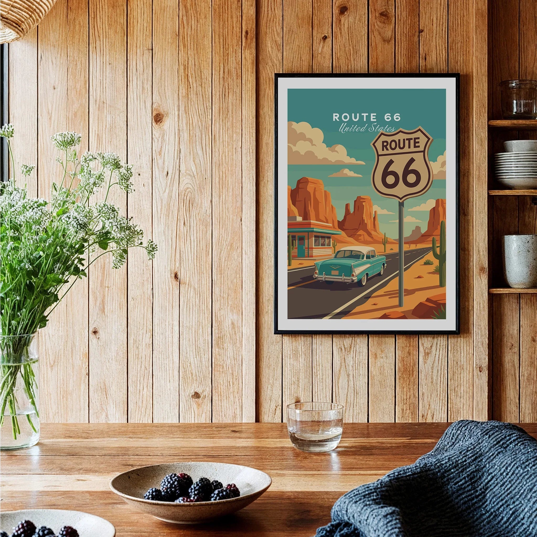 Route 66 art print in black frame, retro travel poster in rustic kitchen decor