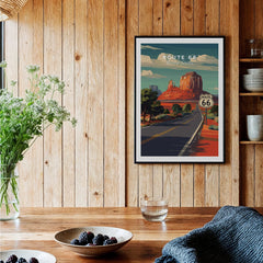 Framed Route 66 travel poster hanging in rustic wooden kitchen decor setting
