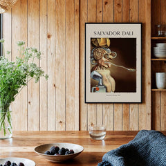 Salvador Dali Portrait of Picasso 1947 Surrealist Art Print Grotesque Poster displayed on a wooden wall.