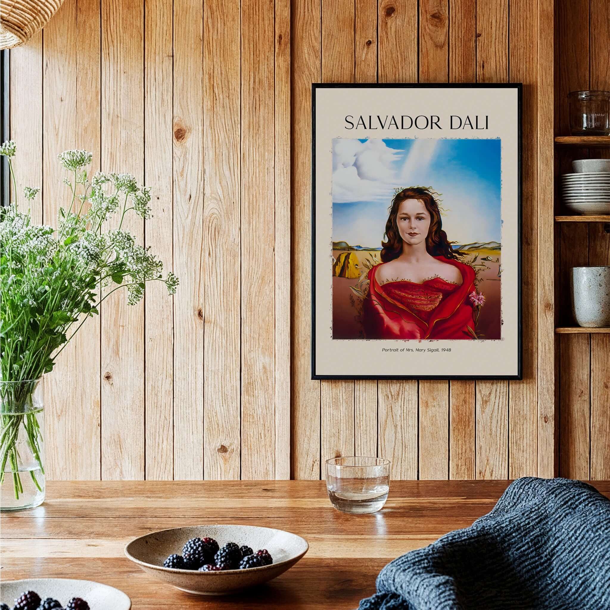 Salvador Dali Portrait Mrs Mary Sigall 1948 Surrealist Woman Art Print Poster displayed in a cozy interior setting.