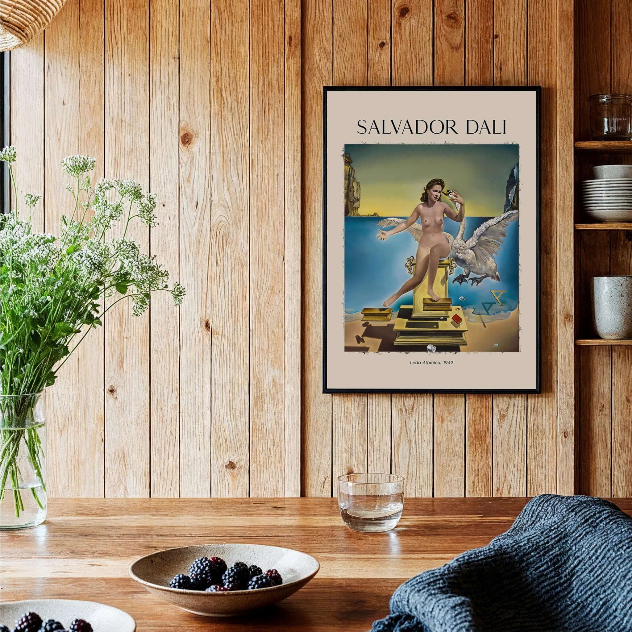 Salvador Dali Leda Atomica 1949 Surrealist Mythology Art Print Swan Poster Nuclear Mysticism displayed in a cozy interior.