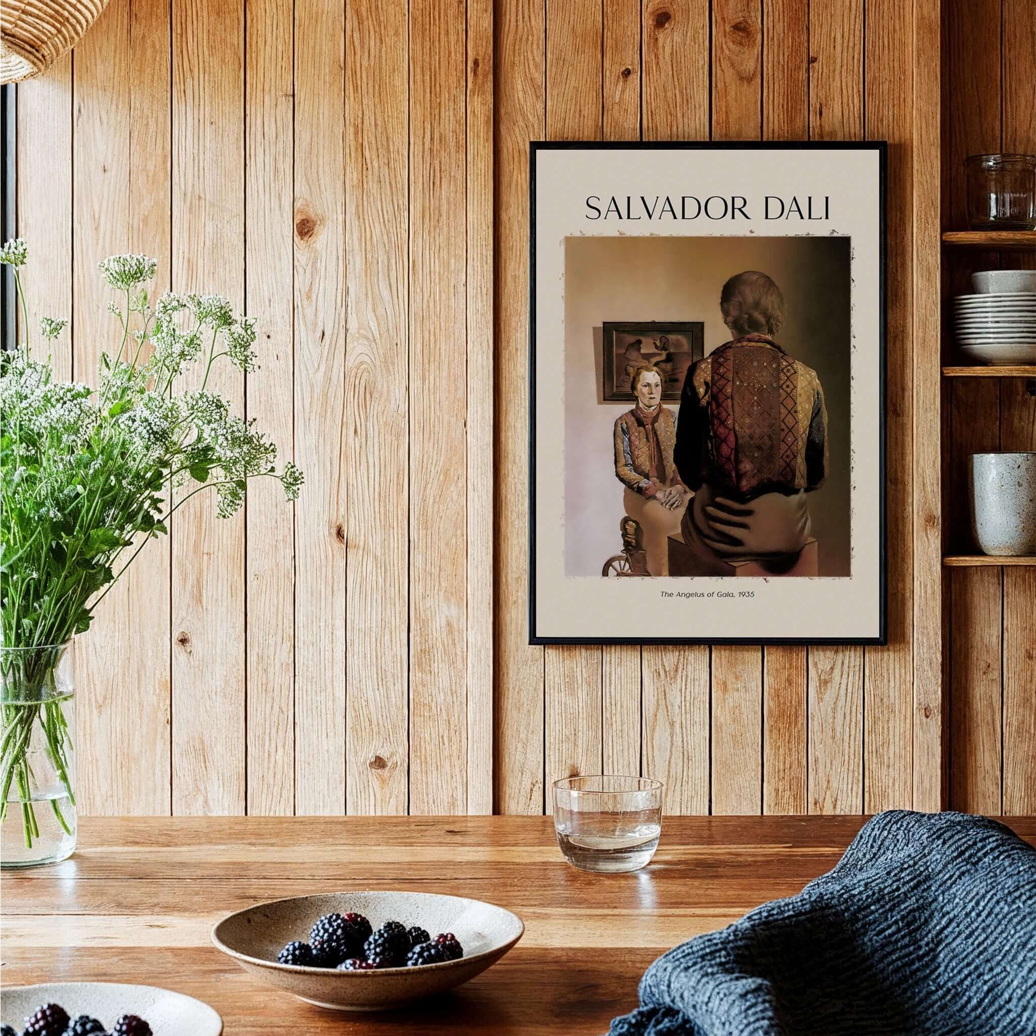 Salvador Dali The Angelus of Gala 1935 Surrealism Double Image Art Print Poster framed on wooden wall with decor