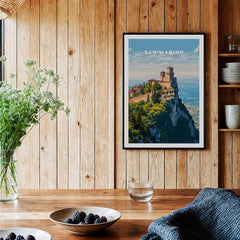 San Marino Wall Art Print | Mount Titano Citadel Travel Poster displayed in a rustic kitchen setting.