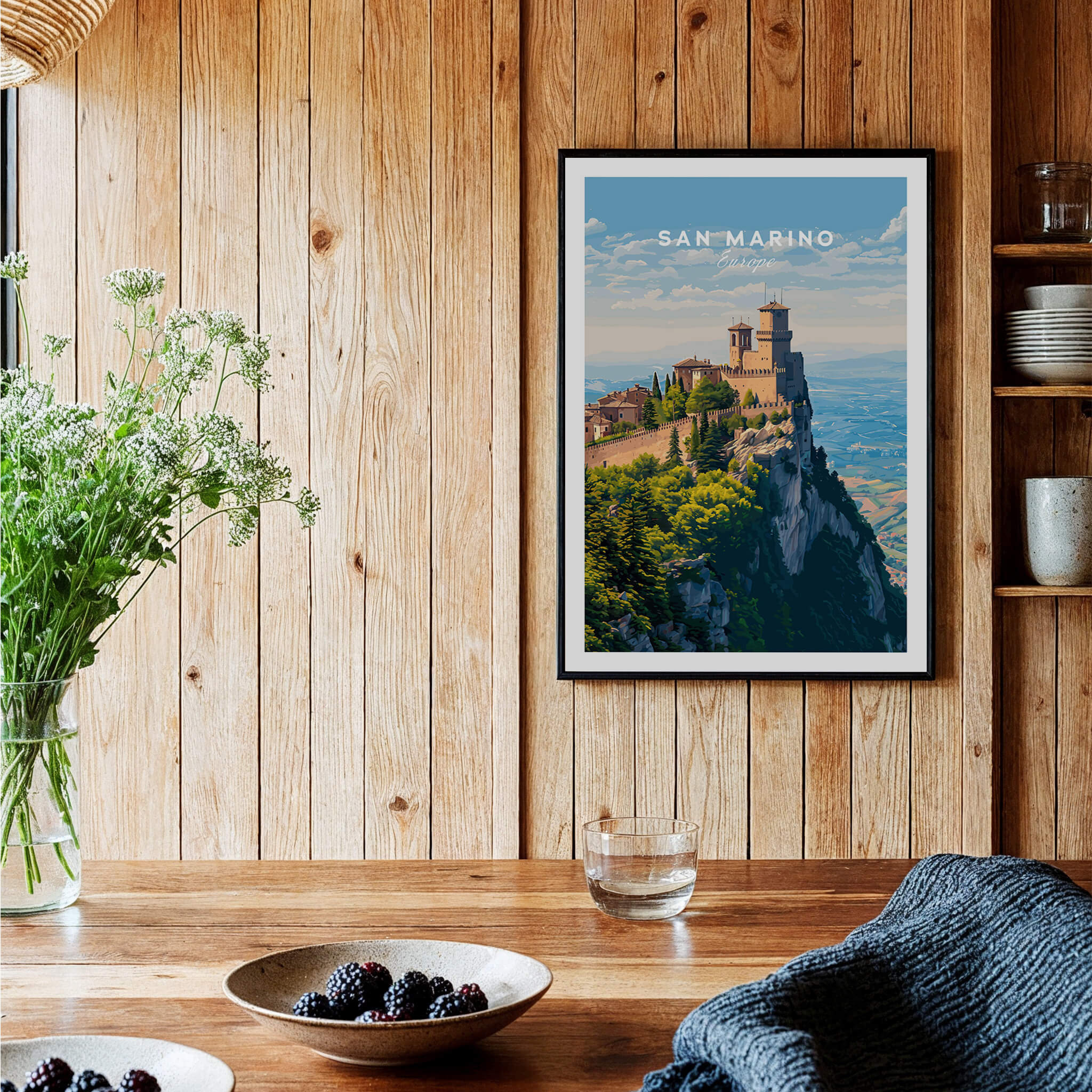 San Marino Wall Art Print | Mount Titano Citadel Travel Poster displayed in a rustic kitchen setting.