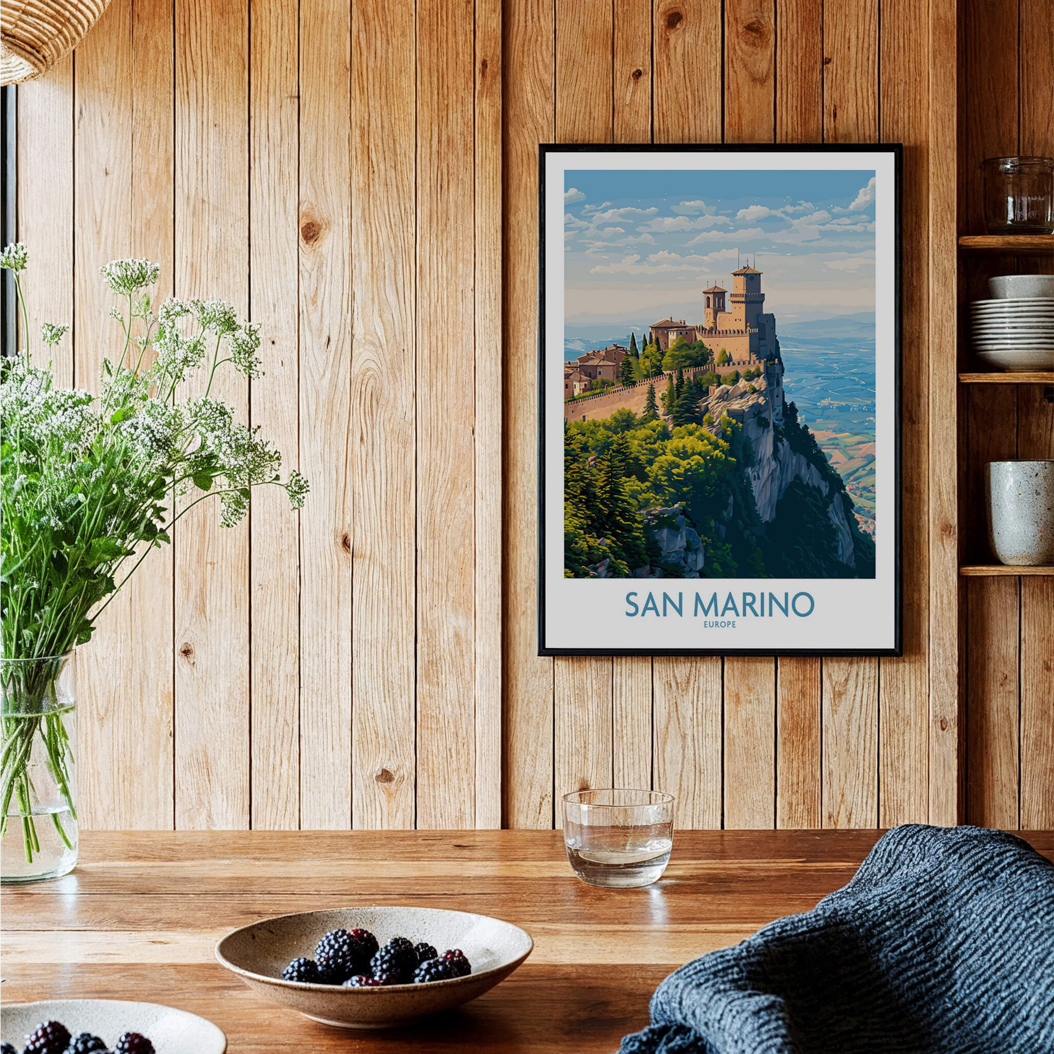 San Marino Poster | Canvas Print featuring a picturesque fortress atop a mountain with stunning views.