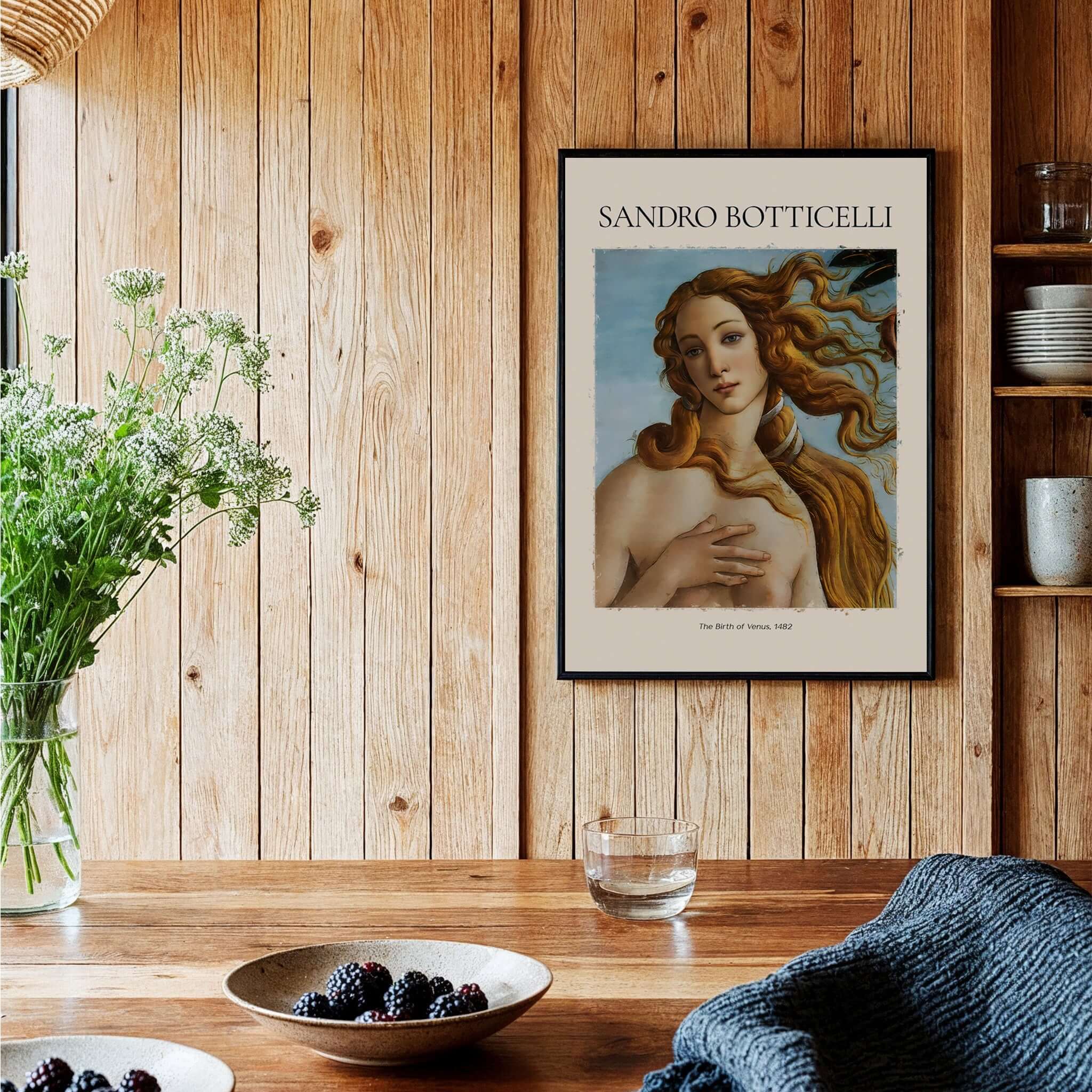 Botticelli Birth of Venus Face Detail Art Print Renaissance Iconic Poster Wall Art displayed in a wooden interior.
