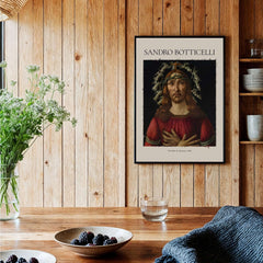 Botticelli Man of Sorrows Christ Art Print Religious Renaissance Painting Poster framed on wooden wall.
