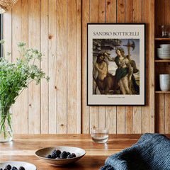 Botticelli Pallas and the Centaur Minerva Art Print Mythology Allegory Poster displayed in a cozy interior.