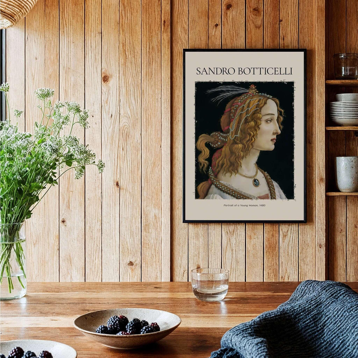 Botticelli Portrait of a Young Woman Simonetta Vespucci Art Print Renaissance Poster displayed in a rustic interior.