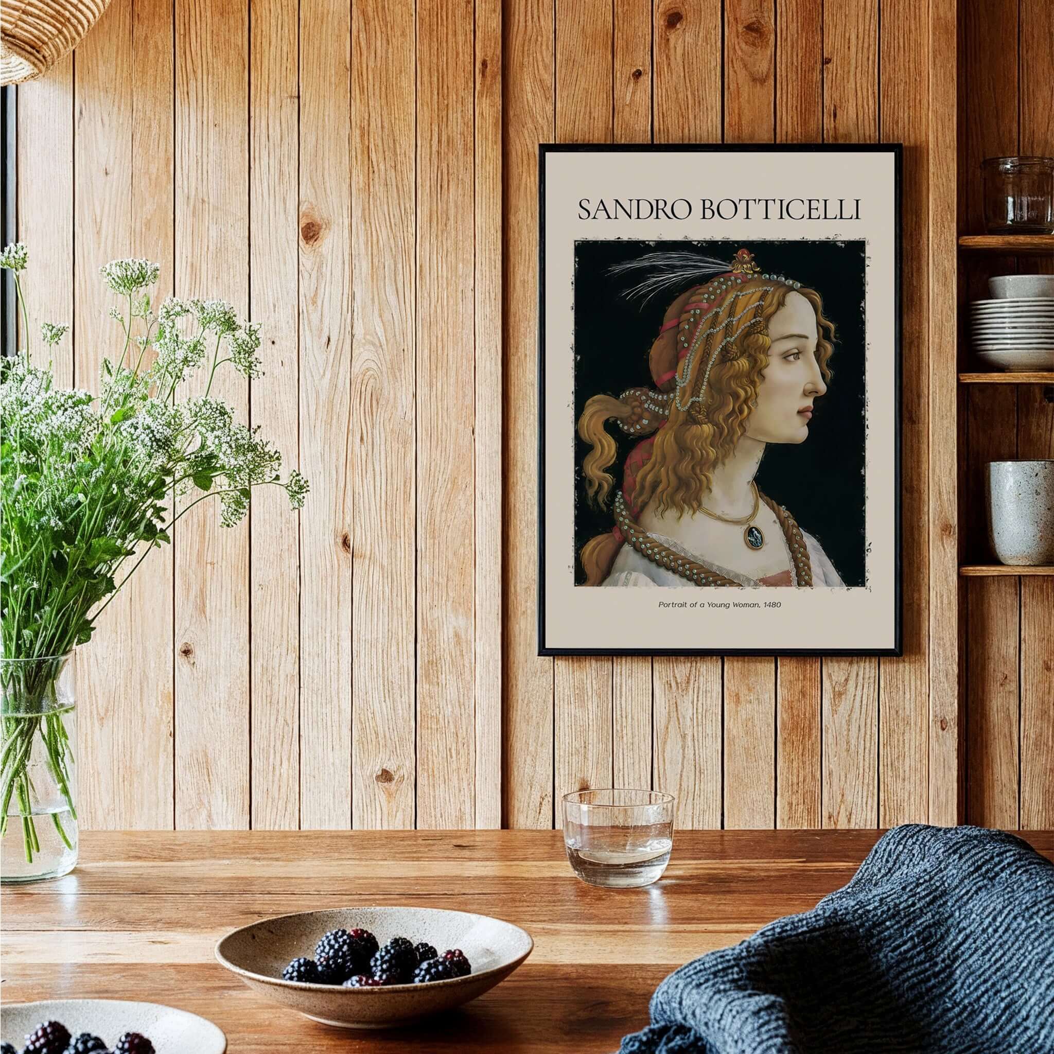 Botticelli Portrait of a Young Woman Simonetta Vespucci Art Print Renaissance Poster displayed in a rustic interior.