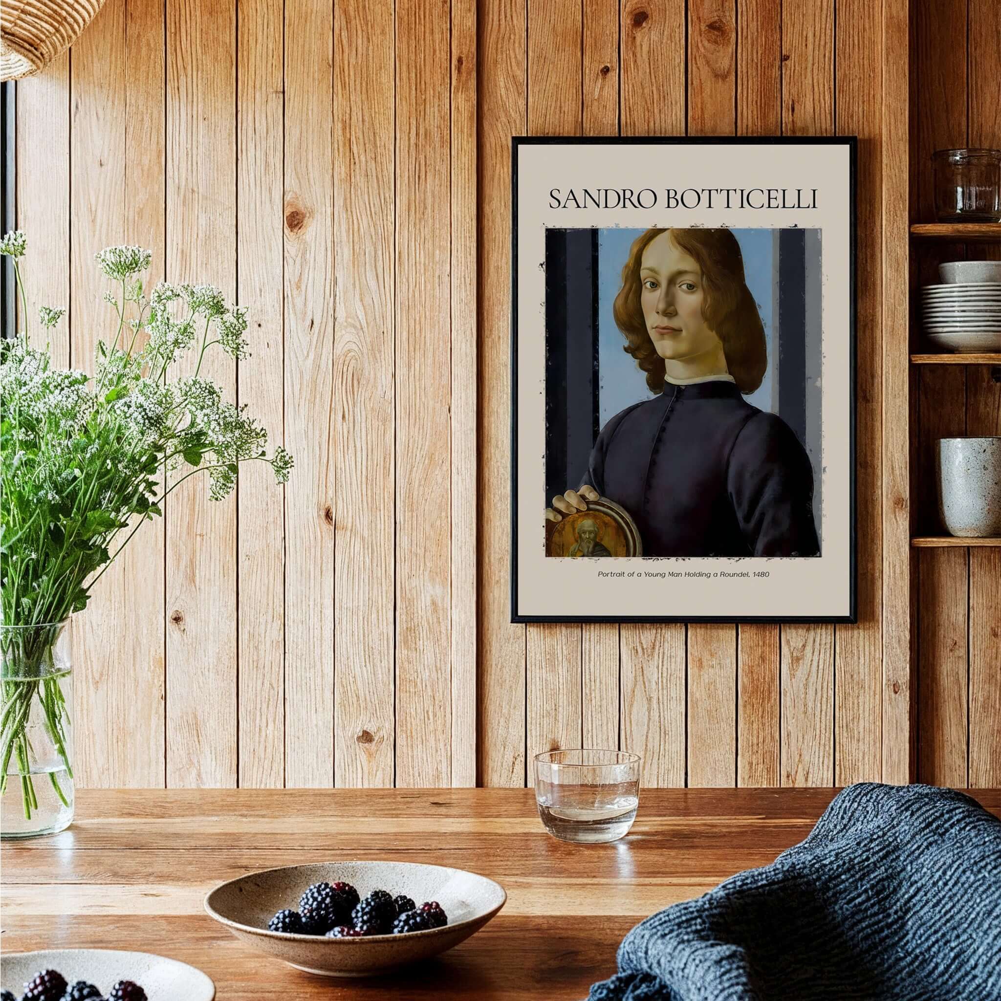 Botticelli Portrait of a Young Man Roundel 1480 Art Print Renaissance Florentine Poster in a stylish interior setting.