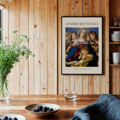 Botticelli Madonna of the Pomegranate Art Print Religious Virgin Mary Child Poster Angels displayed in a cozy interior.