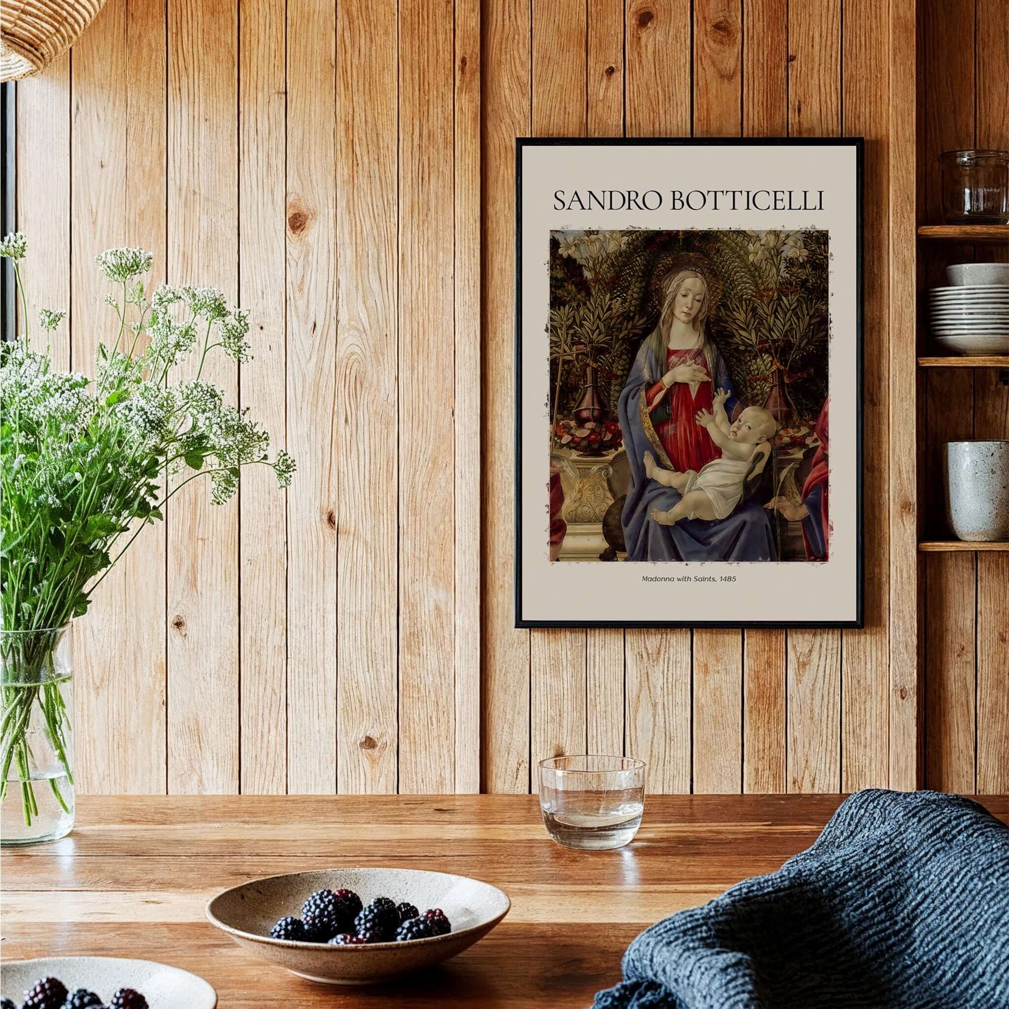 Botticelli Madonna with Saints Bardi Altarpiece Art Print Renaissance Religious Poster displayed on a wooden wall.