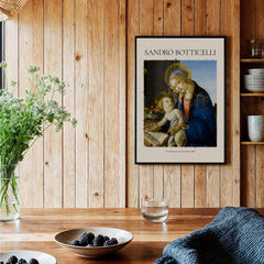 Botticelli Madonna of the Book Art Print Virgin Mary Child Religious Poster Wall Art displayed on a wooden wall.
