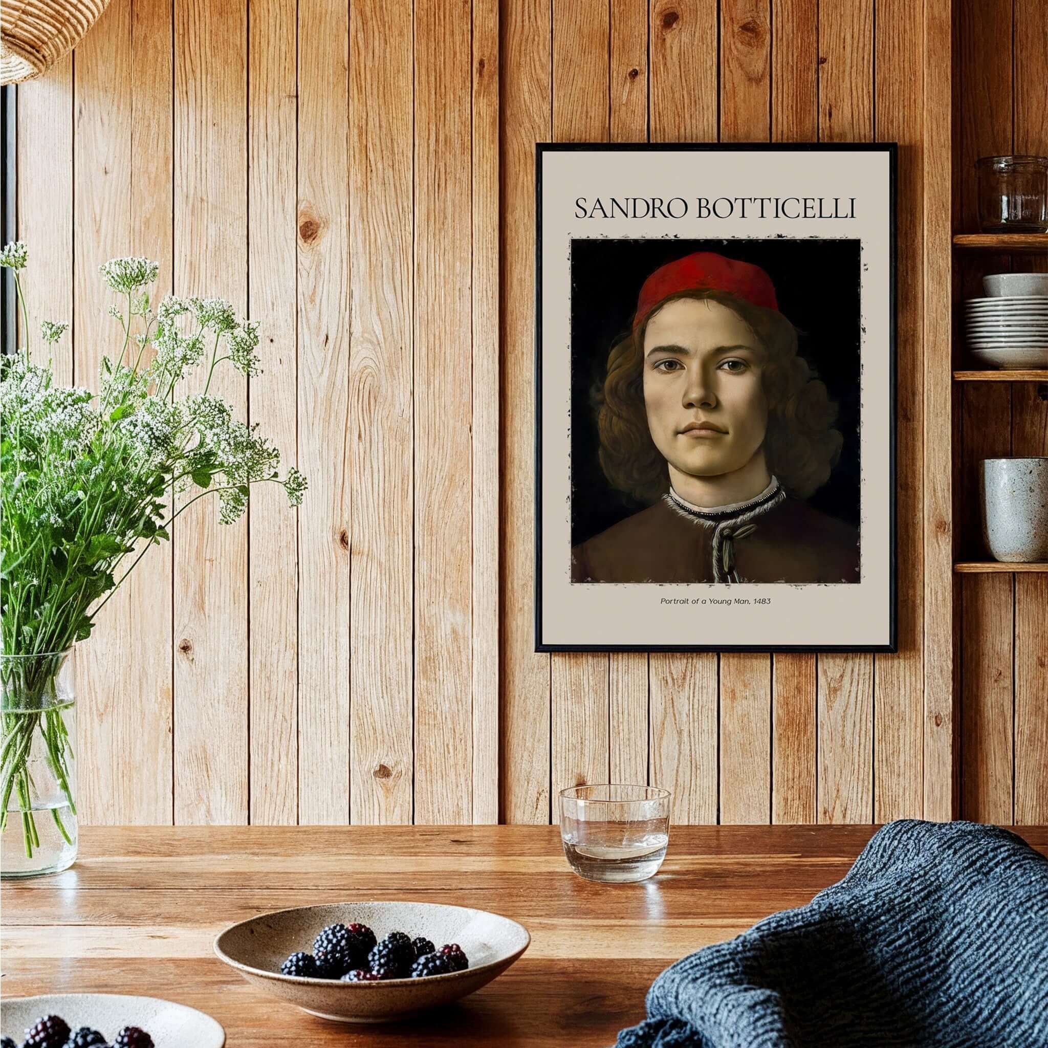 Botticelli Portrait Young Man Red Hat 1483 Art Print Renaissance Florentine Poster displayed in a rustic home setting.