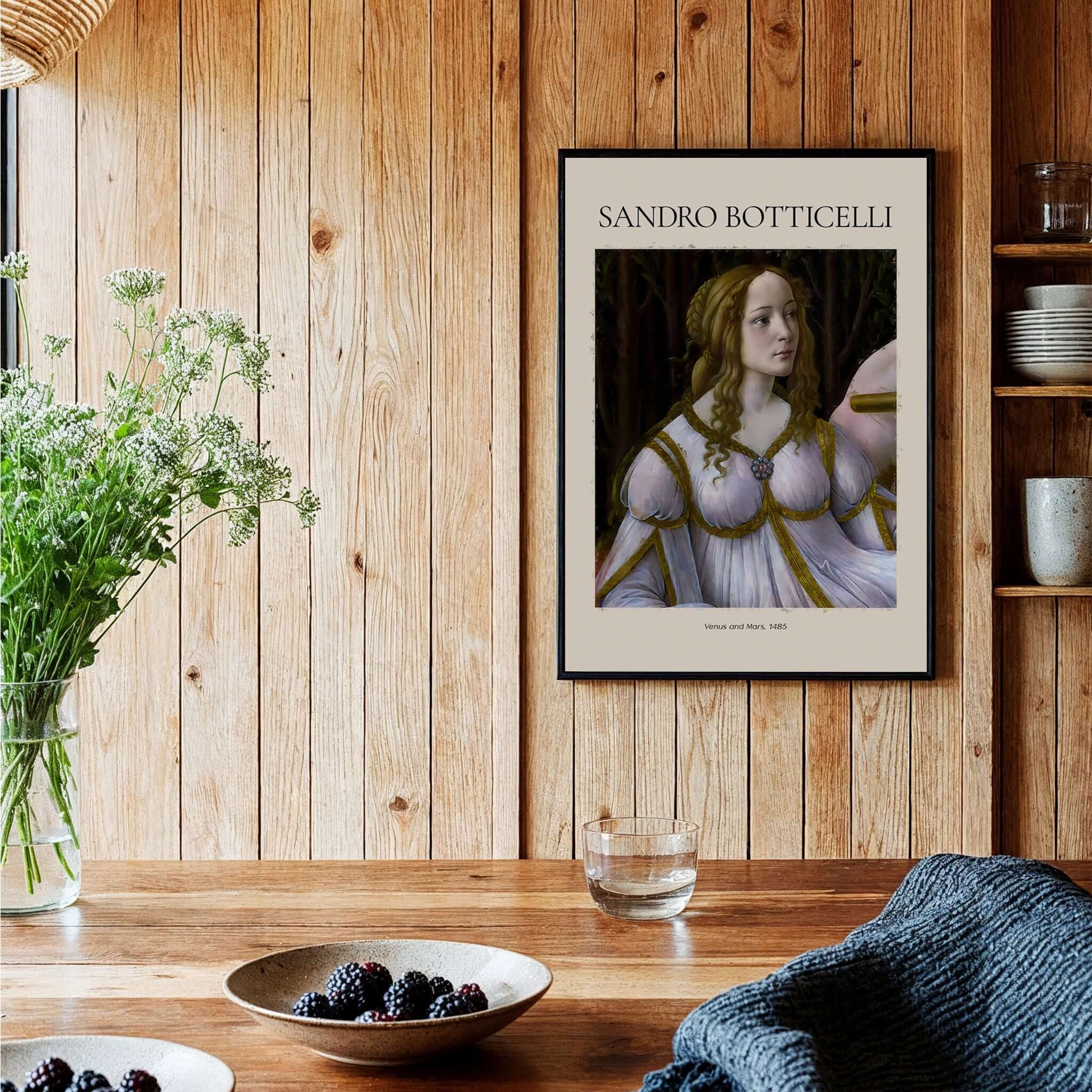 Botticelli Venus and Mars Detail Art Print Renaissance Portrait Poster Wall Art displayed in a cozy setting.