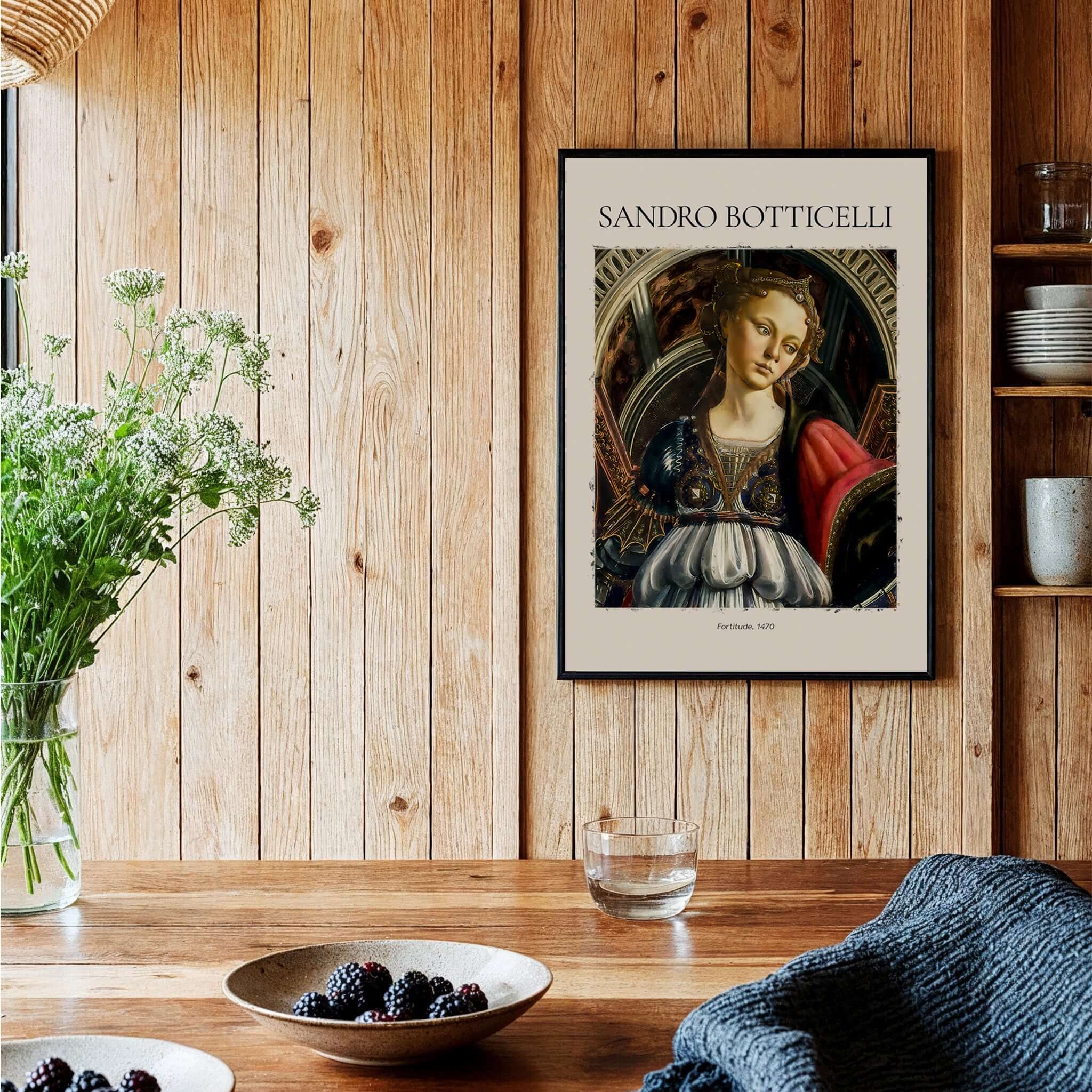 Botticelli Fortitude 1470 Allegory Virtue Art Print Renaissance Poster Wall Decor in a wooden setting with flowers.