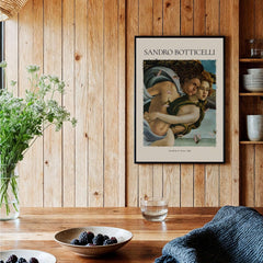 Botticelli Birth of Venus Detail Zephyr Aura Art Print Renaissance Mythology Poster displayed in a rustic setting.