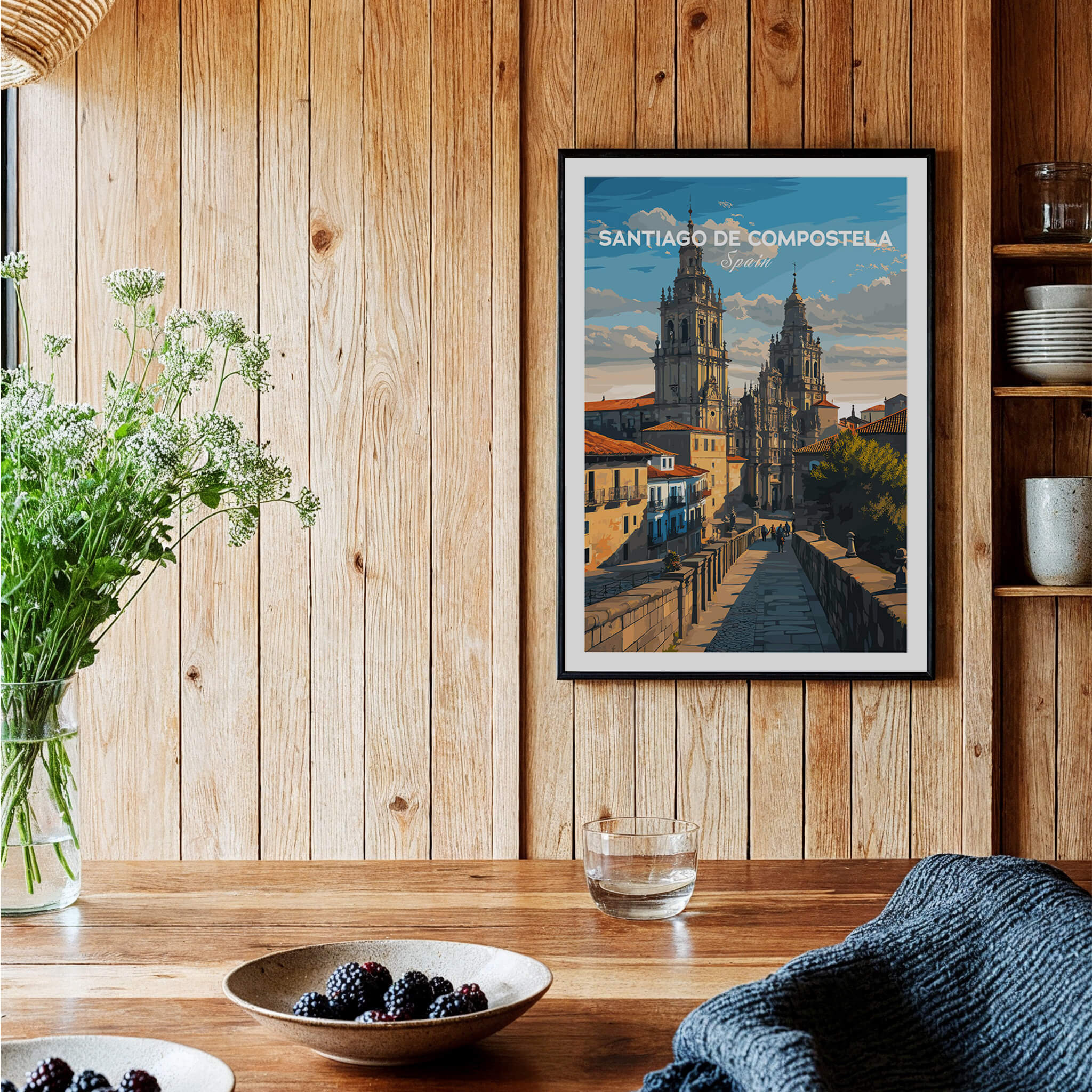 Santiago de Compostela Obradoiro Square View Print | Spanish Religious Art displayed in a cozy wooden setting.