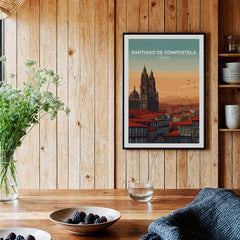 Santiago de Compostela Skyline Print | Spanish Travel Wall Decor in rustic interior setting with wood accents.