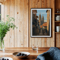 Santiago de Compostela Spain Cobblestone Street View Print | Galician Home Decor hanging on wooden wall.