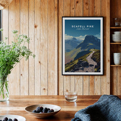 Scafell Pike Lake District Wall Art Print | English Mountain Peak Travel Poster displayed on a wooden wall.