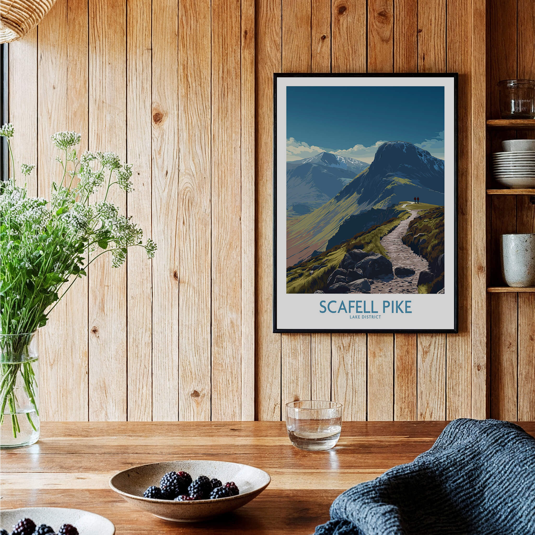 Scafell Pike Lake District Poster | Hiking Trail Landscape Canvas Print displayed in a rustic wooden interior.