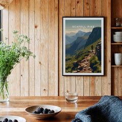 Scafell Pike Lake District Travel Poster | Mountain Valley View Wall Art Print displayed in a rustic wooden setting.