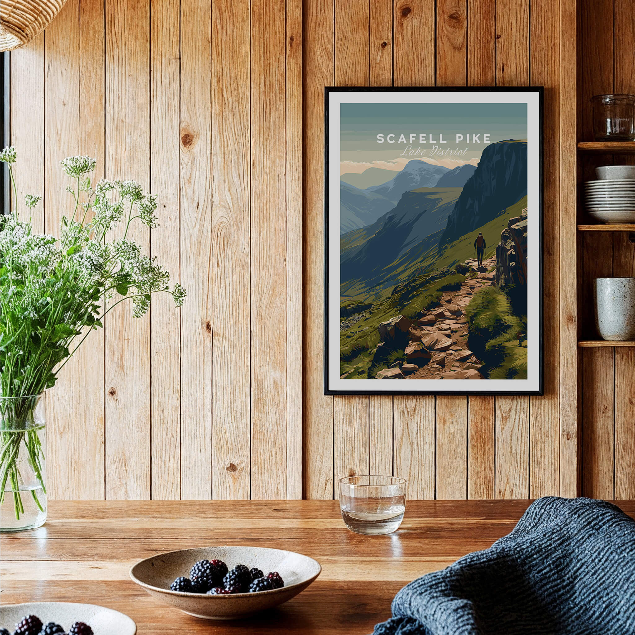 Scafell Pike Lake District Travel Poster | Mountain Valley View Wall Art Print displayed in a rustic wooden setting.