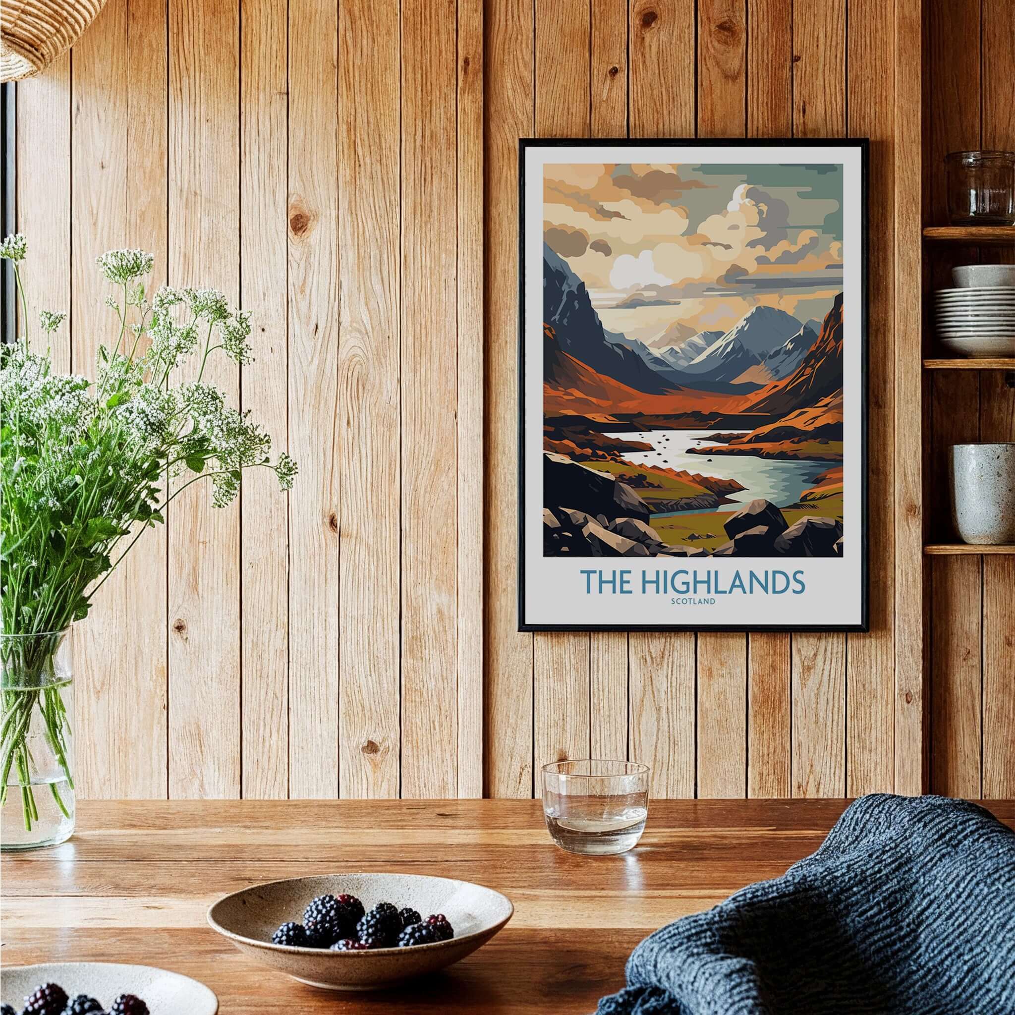 The Highlands Wall Art | Modern Style displayed in a cozy home setting with wooden walls and decorative plants.