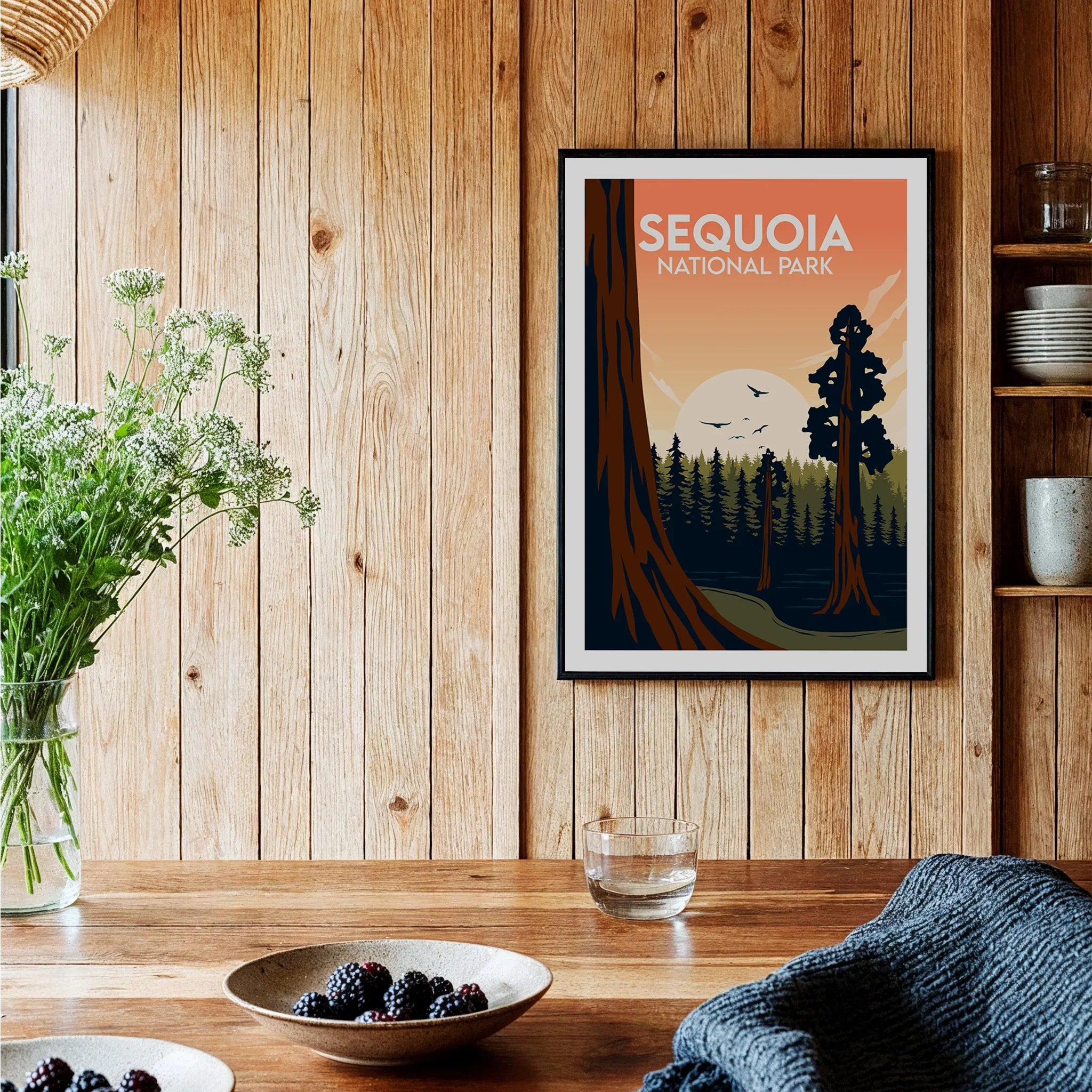 Sequoia National Park art print in black frame on wooden kitchen wall, rustic decor