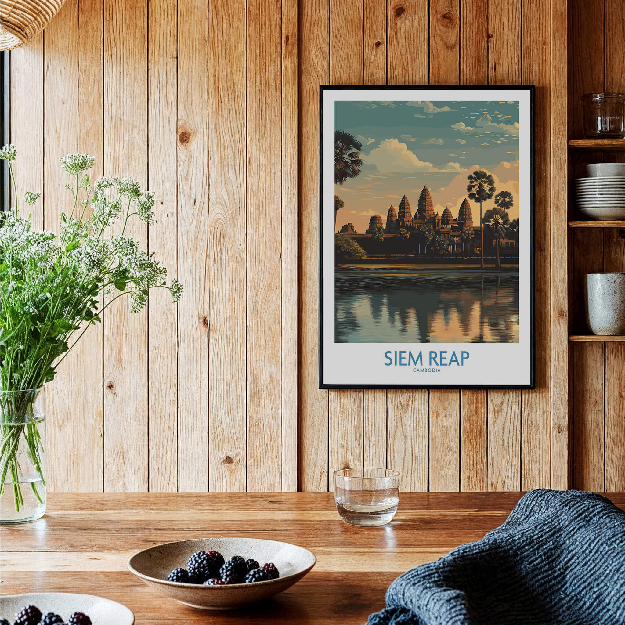 Siem Reap Canvas Print | Cambodia Khmer Poster displayed in a cozy interior with wooden decor.
