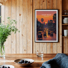 Siem Reap Wall Art Print | Cambodia Sunset Street Scene Travel Poster displayed in a cozy kitchen setting.