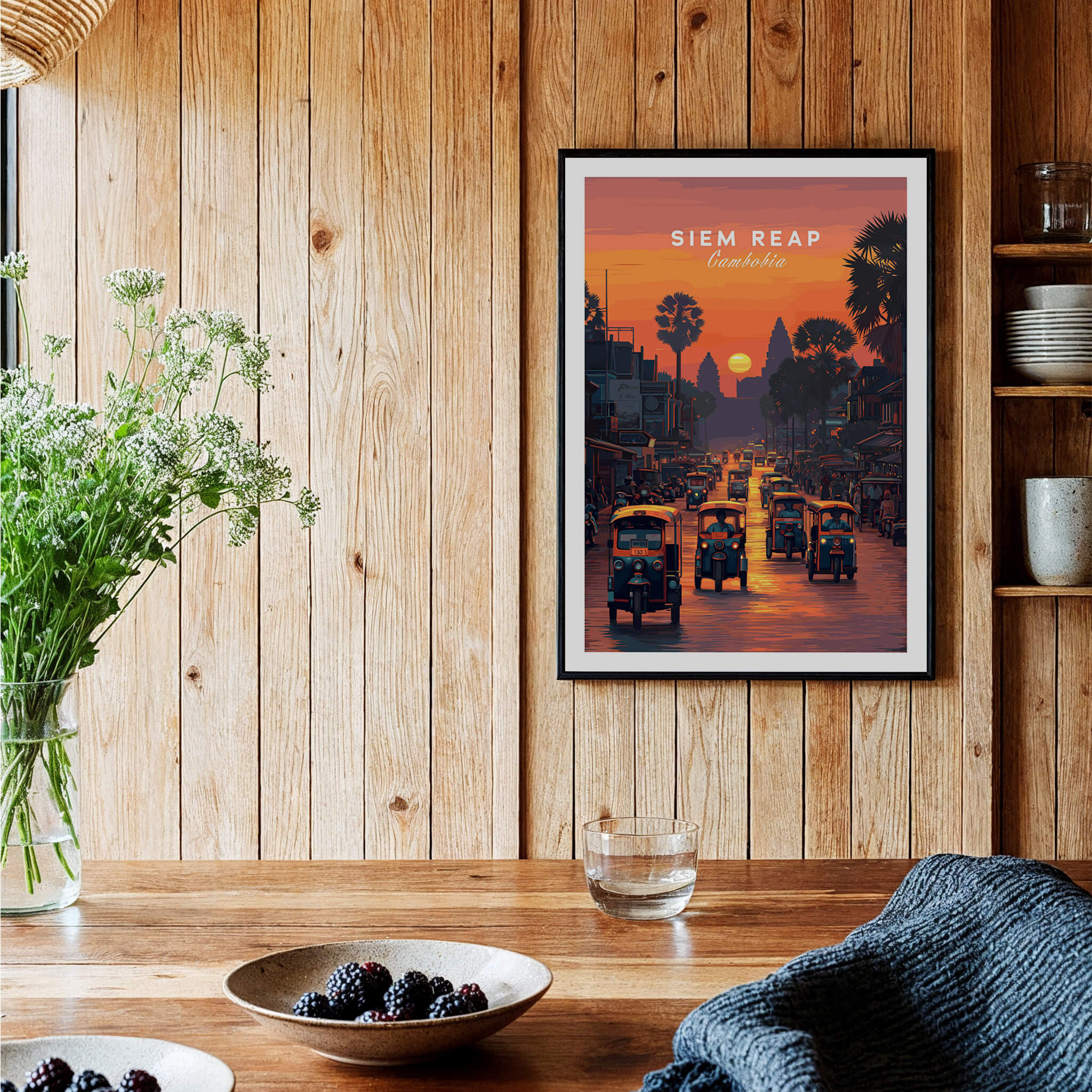 Siem Reap Wall Art Print | Cambodia Sunset Street Scene Travel Poster displayed in a cozy kitchen setting.