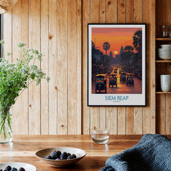 Siem Reap Poster | Bustling Tuk Tuk Cambodia Cityscape Canvas Print showcasing a vibrant sunset scene with tuk tuks.