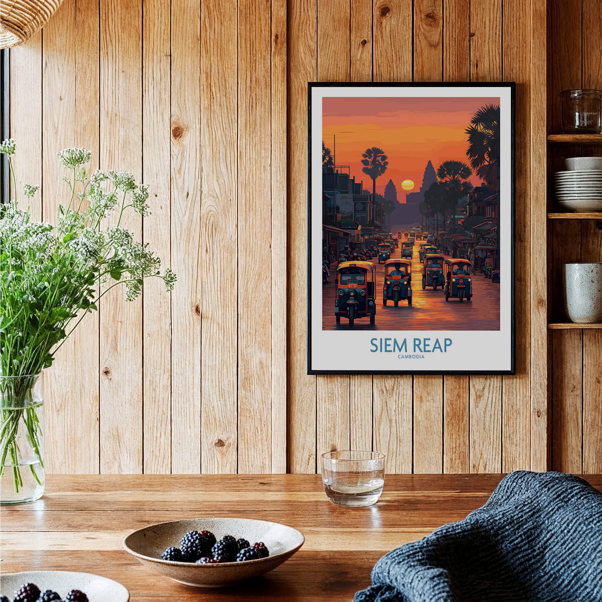 Siem Reap Poster | Bustling Tuk Tuk Cambodia Cityscape Canvas Print showcasing a vibrant sunset scene with tuk tuks.