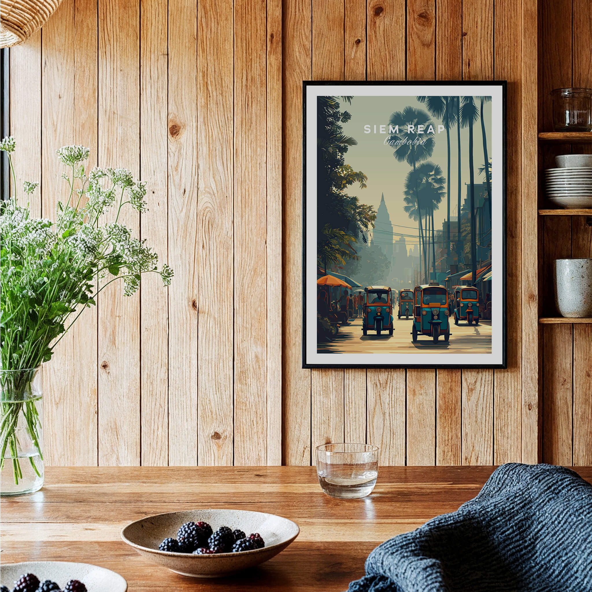 Siem Reap Cambodia Travel Poster | Tropical Town Street Wall Art Print featuring tuktuks and palm trees.