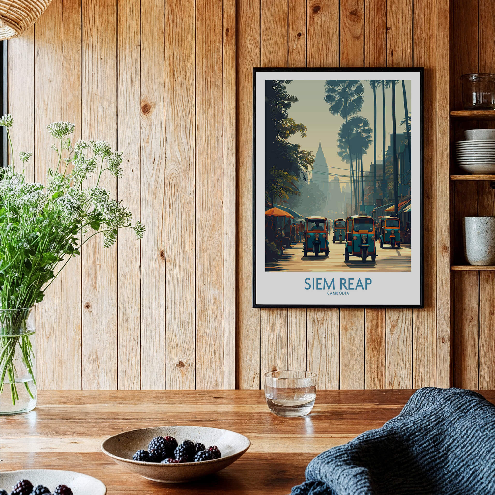 Siem Reap Cambodia Print | Canvas Poster showcasing tuk tuks and palm trees in a vibrant street scene.