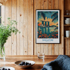 Singapore Travel Poster - Southeast Asia featuring Marina Bay Sands surrounded by tropical plants and wooden decor.