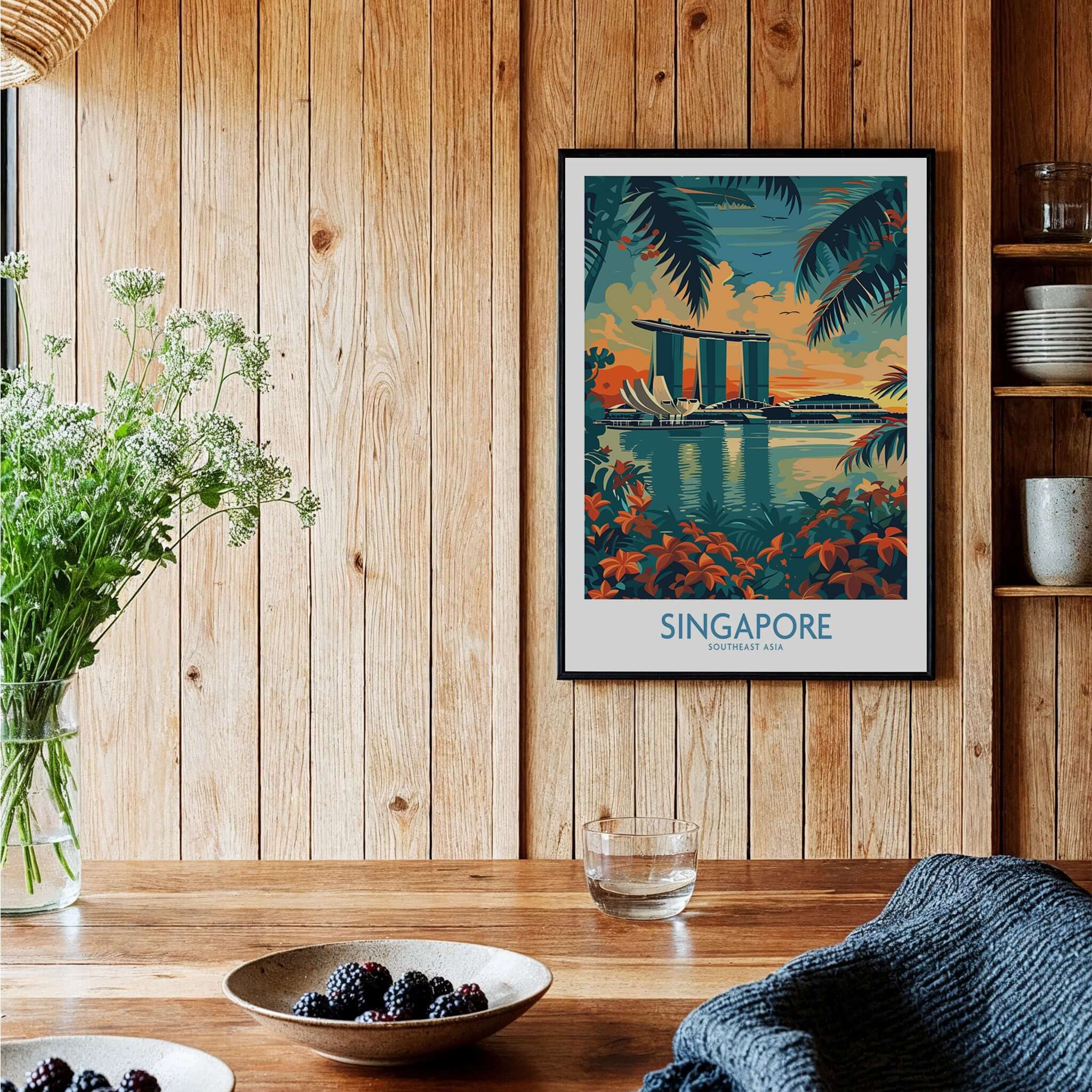 Singapore Travel Poster - Southeast Asia featuring Marina Bay Sands surrounded by tropical plants and wooden decor.