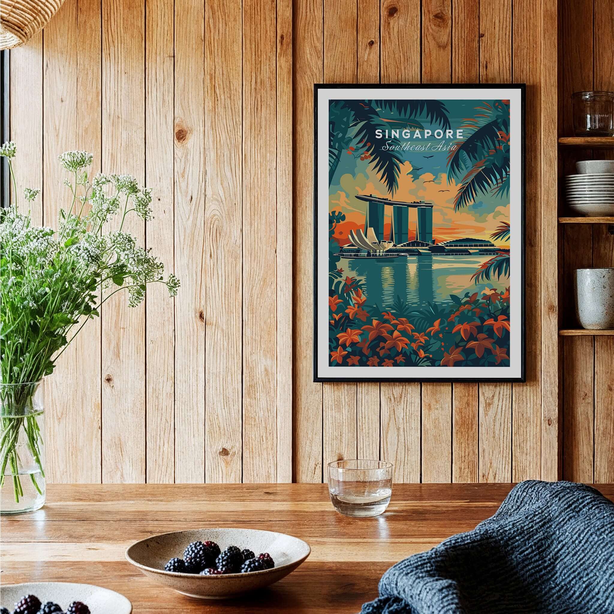 Singapore Wall Art Print - Southeast Asia Travel Poster displayed in a cozy home setting with wooden decor.