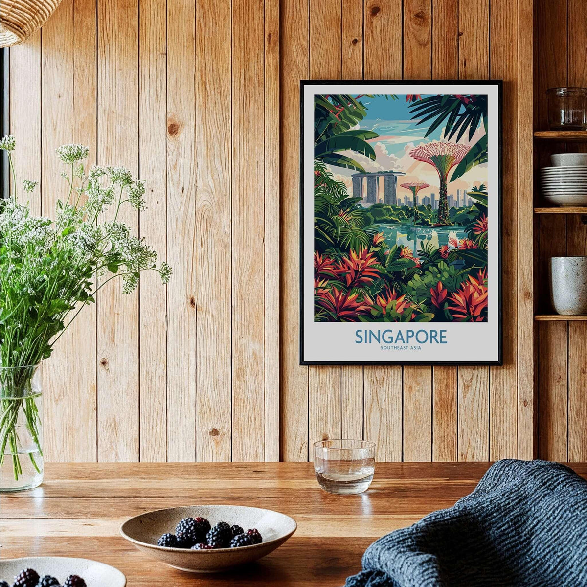 Singapore Gardens by the Bay Poster featuring vibrant greenery and iconic landmarks in a stylish interior setting.
