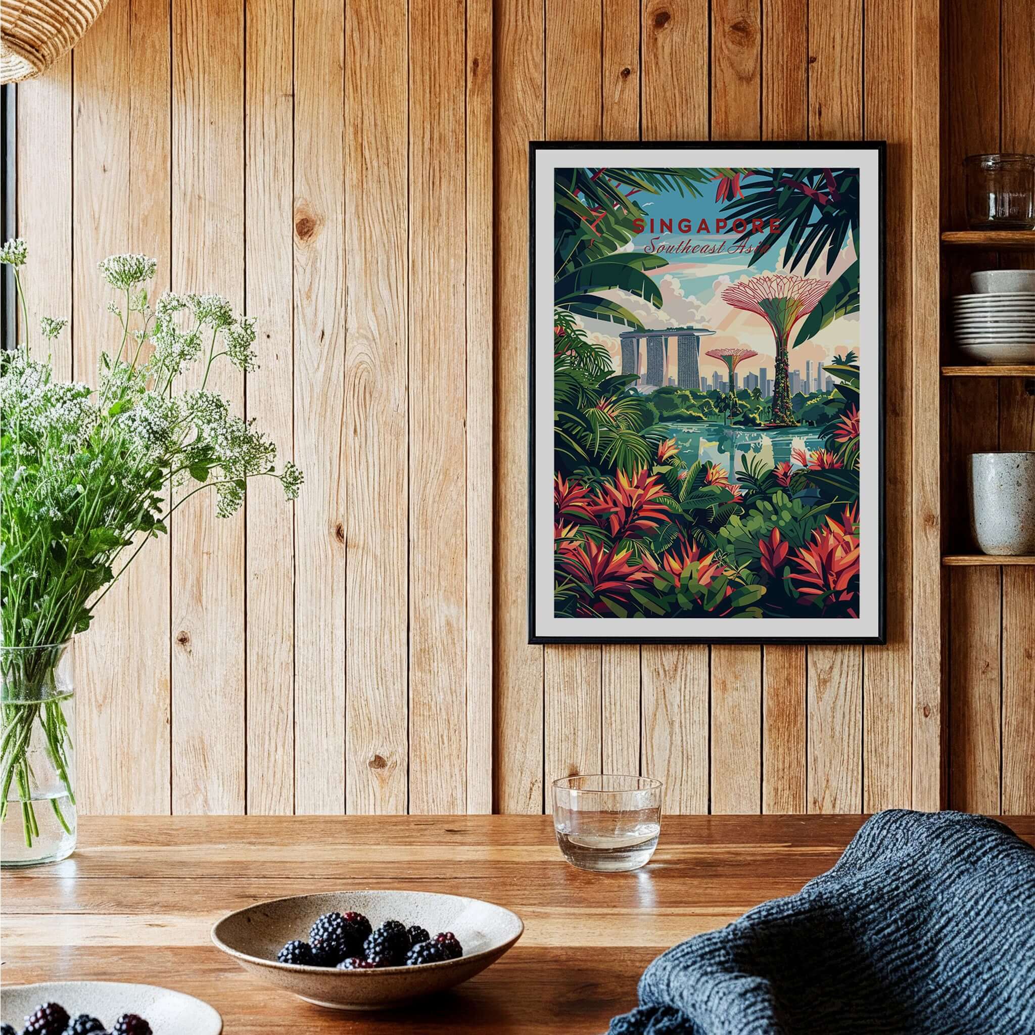 Singapore Marina Bay Poster showcasing the lush skyline and Gardens by the Bay in a stylish interior setting.
