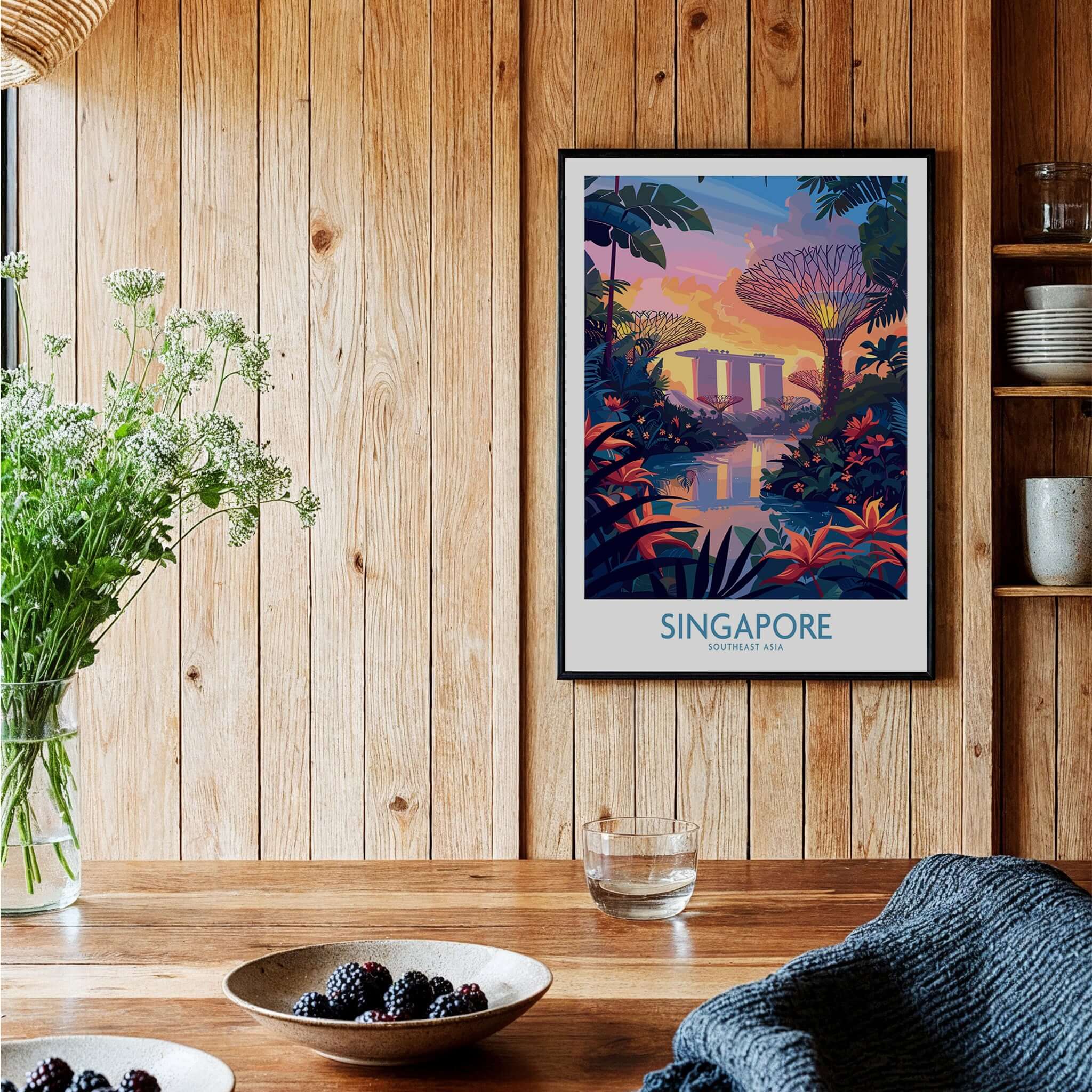 Singapore Wall Art featuring vibrant colors and iconic landmarks in a cozy home setting.