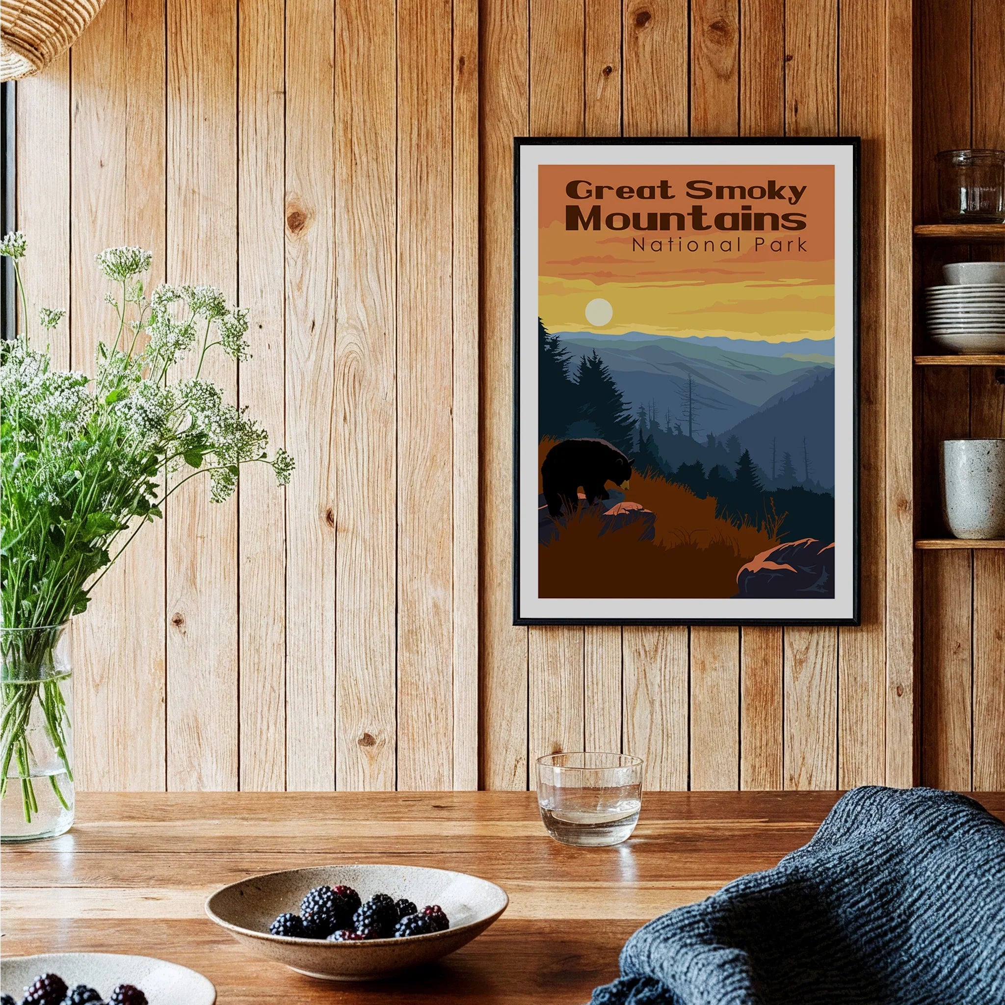 Great Smoky Mountains National Park framed art print in cozy wood kitchen setting