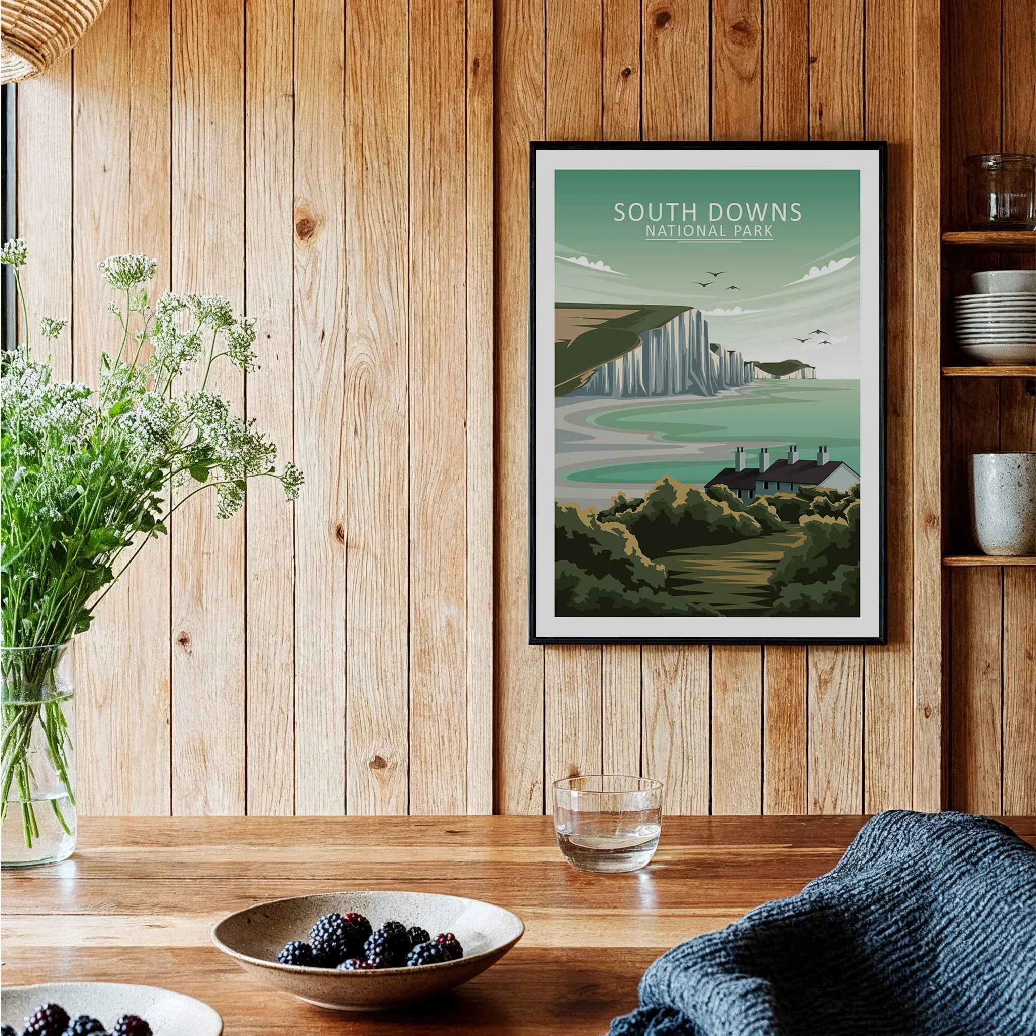 South Downs National Park framed art print in a modern rustic kitchen with wooden walls